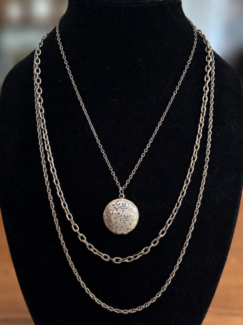 Vintage Gold Tone Three Strand Necklace Floral Engraved Locket